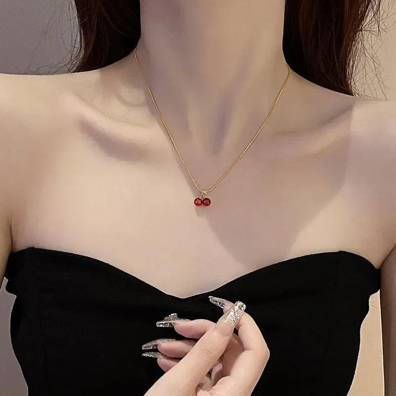 Little Wine Red Cherry Pendant Necklaces For Women Fashion Personality Fruit Golden Chain Necklace