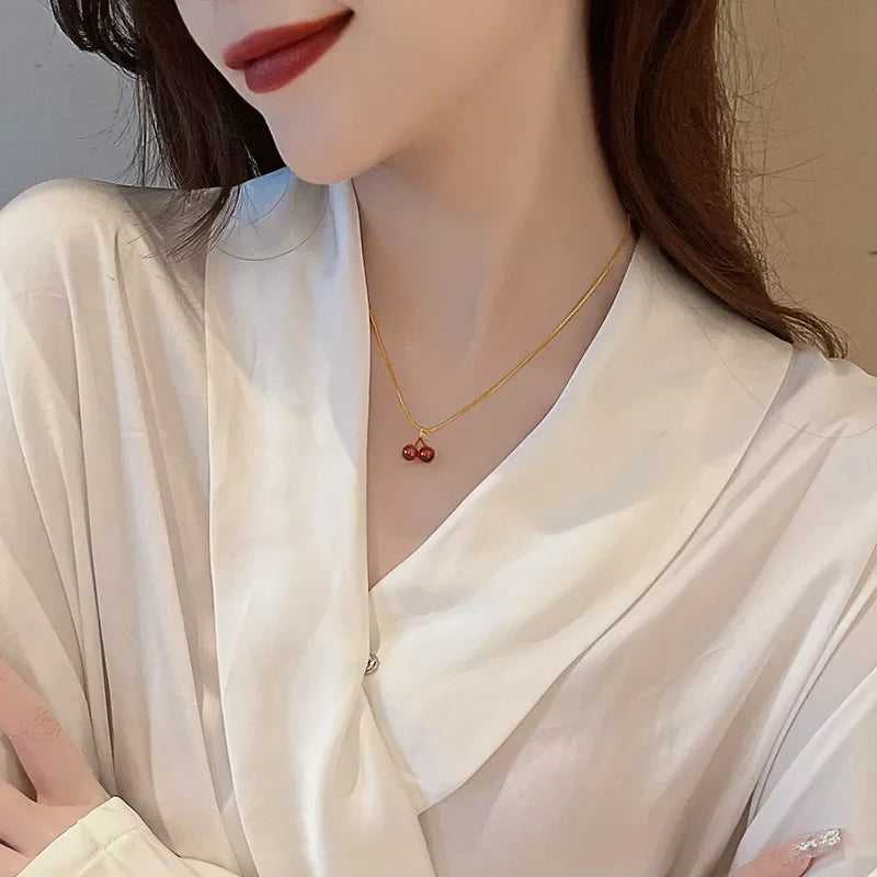 Little Wine Red Cherry Pendant Necklaces For Women Fashion Personality Fruit Golden Chain Necklace