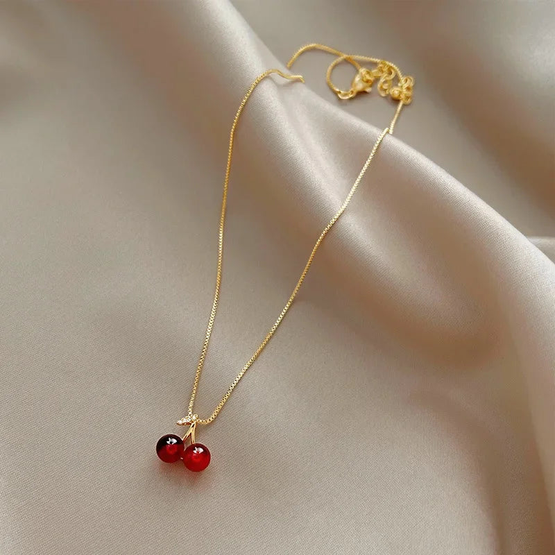 Little Wine Red Cherry Pendant Necklaces For Women Fashion Personality Fruit Golden Chain Necklace