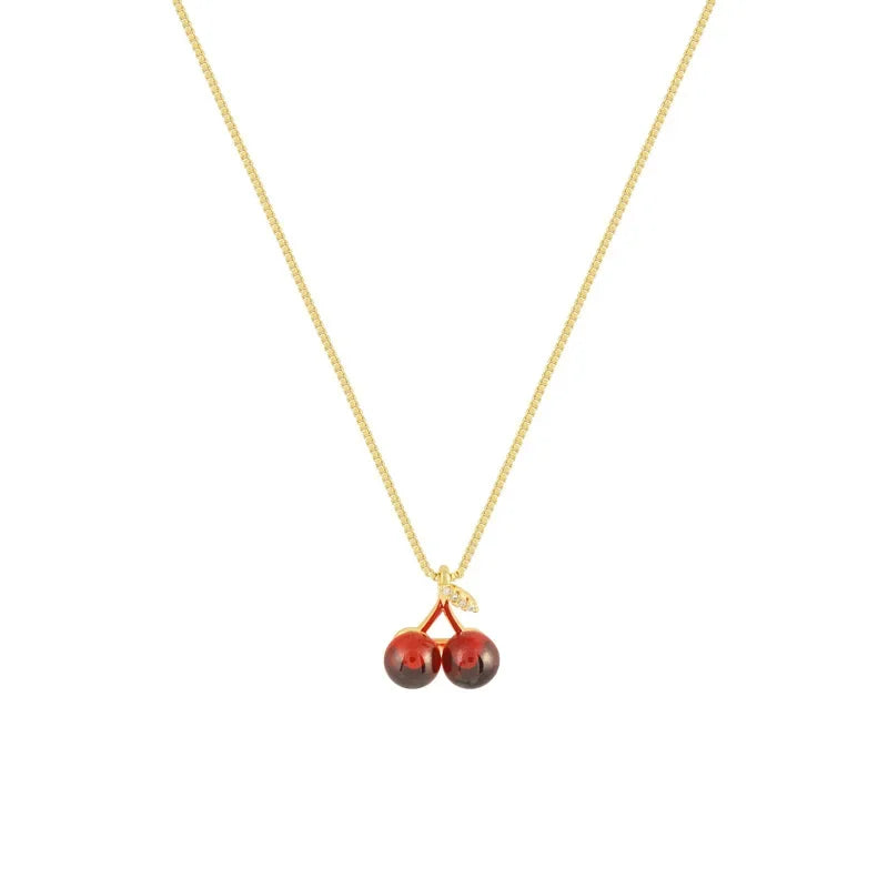 Little Wine Red Cherry Pendant Necklaces For Women Fashion Personality Fruit Golden Chain Necklace