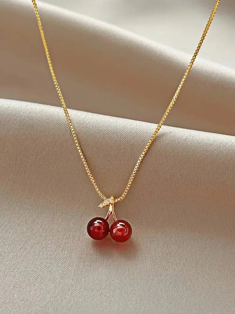 Little Wine Red Cherry Pendant Necklaces For Women Fashion Personality Fruit Golden Chain Necklace