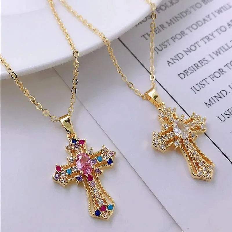 Men Women Hip Hop Zircon Cross Shiny Pendant Stainless Steel Necklace Charm Bling Exquisite Necklaces Jewelry Fashion Gifts