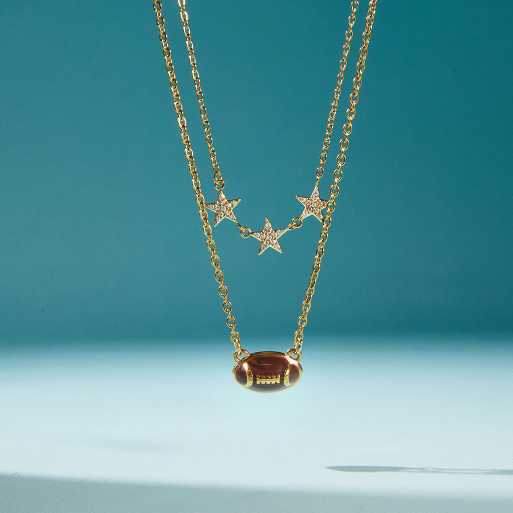 Stainless Steel 18K Gold Plated Layered Necklace | Football Pendant & CZ Star Charm Jewelry