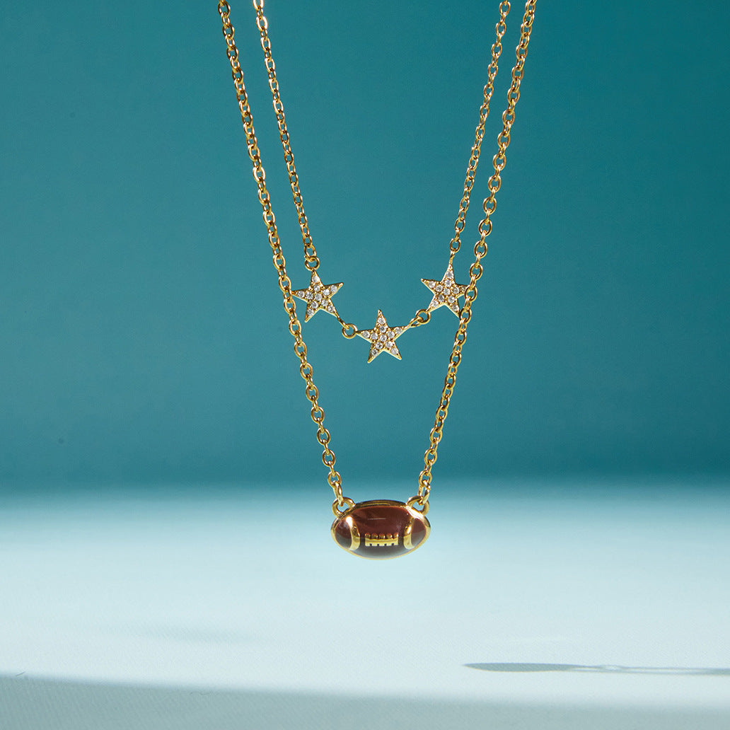 Stainless Steel 18K Gold Plated Layered Necklace | Football Pendant & CZ Star Charm Jewelry