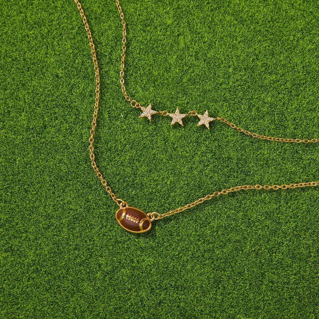 Stainless Steel 18K Gold Plated Layered Necklace | Football Pendant & CZ Star Charm Jewelry