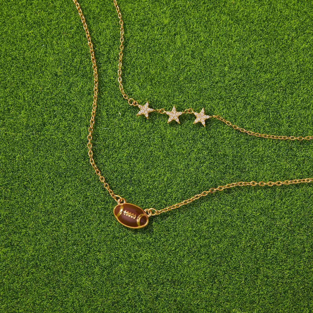 Stainless Steel 18K Gold Plated Layered Necklace | Football Pendant & CZ Star Charm Jewelry