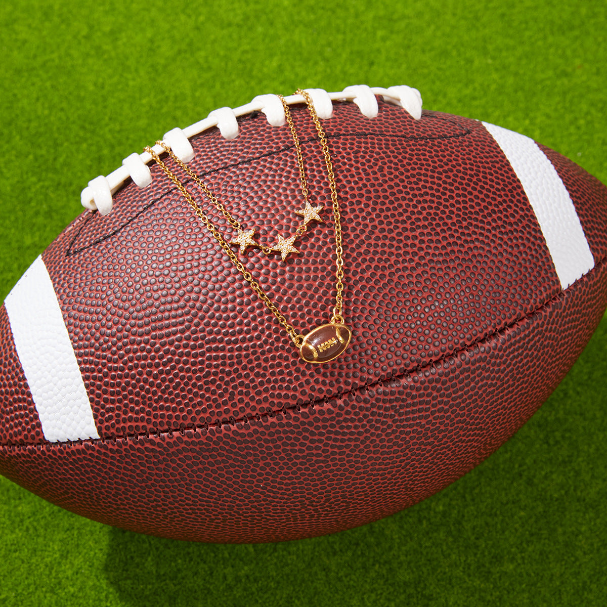 Stainless Steel 18K Gold Plated Layered Necklace | Football Pendant & CZ Star Charm Jewelry