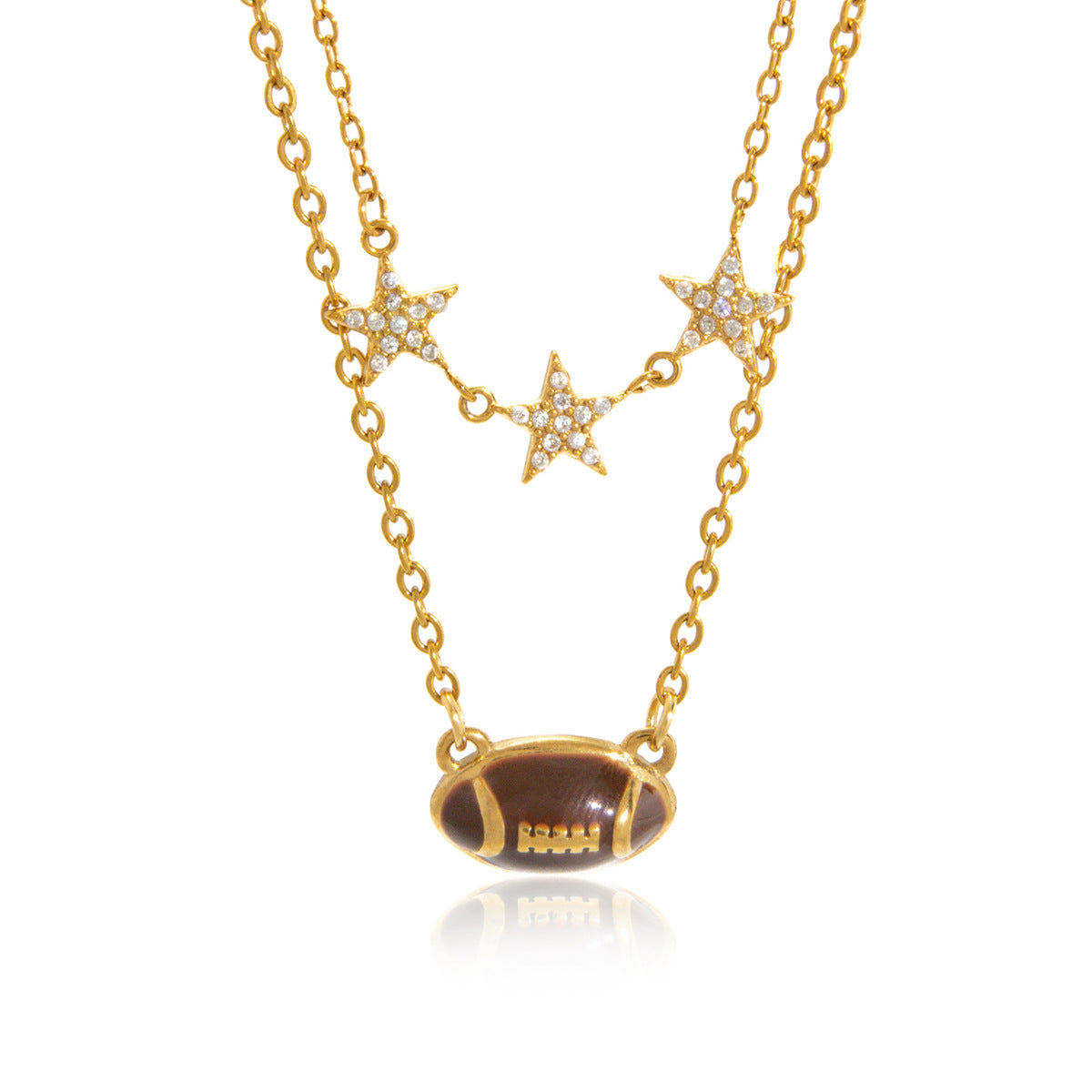 Stainless Steel 18K Gold Plated Layered Necklace | Football Pendant & CZ Star Charm Jewelry