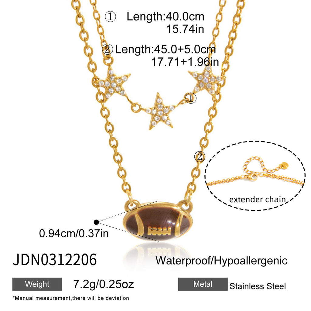 Stainless Steel 18K Gold Plated Layered Necklace | Football Pendant & CZ Star Charm Jewelry