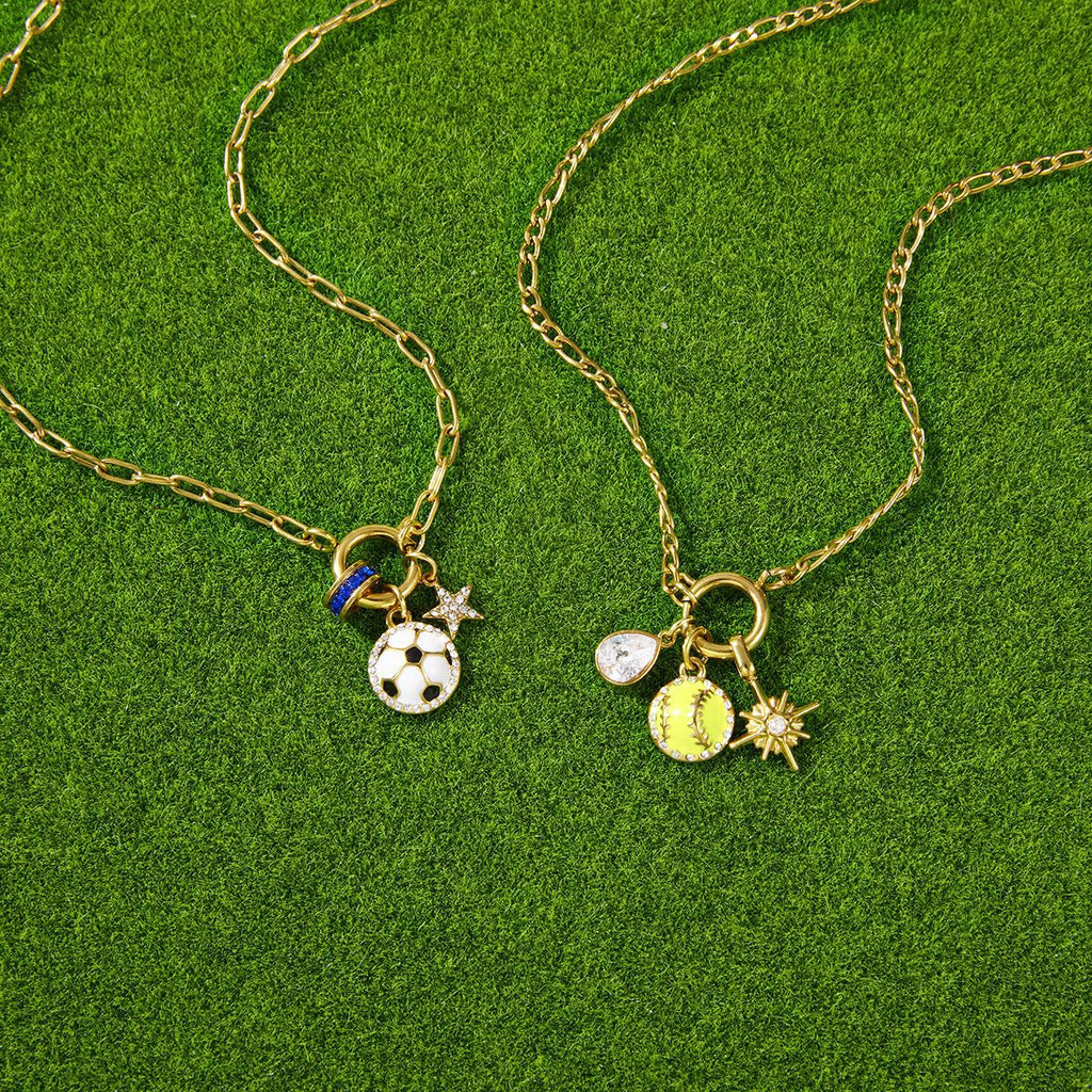 Stainless Steel 18K Gold Plated Sports Charm Necklace | Baseball & Soccer Enamel Pendant Jewelry