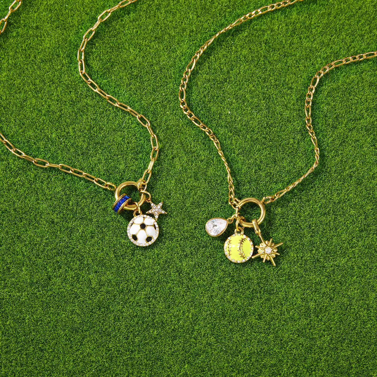 Stainless Steel 18K Gold Plated Sports Charm Necklace | Baseball & Soccer Enamel Pendant Jewelry