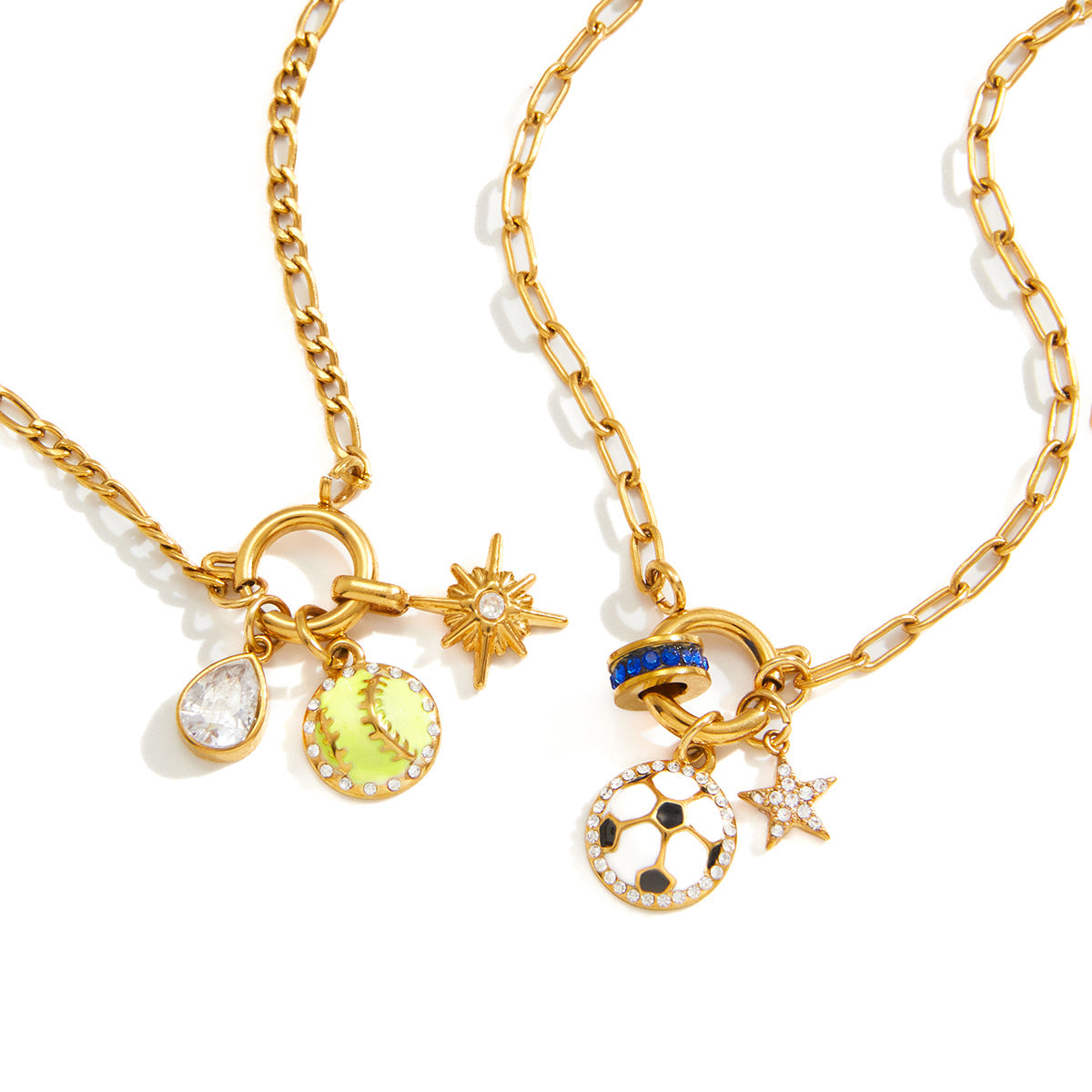 Stainless Steel 18K Gold Plated Sports Charm Necklace | Baseball & Soccer Enamel Pendant Jewelry