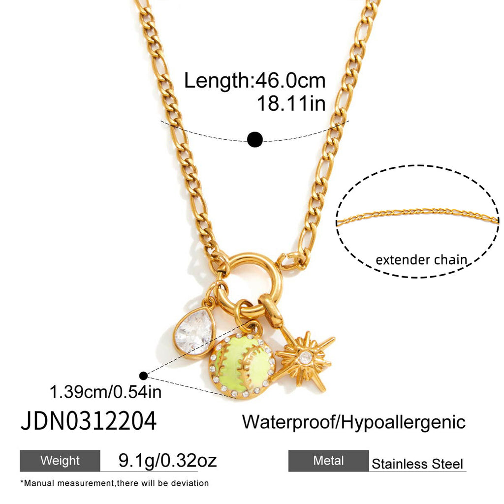 Stainless Steel 18K Gold Plated Sports Charm Necklace | Baseball & Soccer Enamel Pendant Jewelry