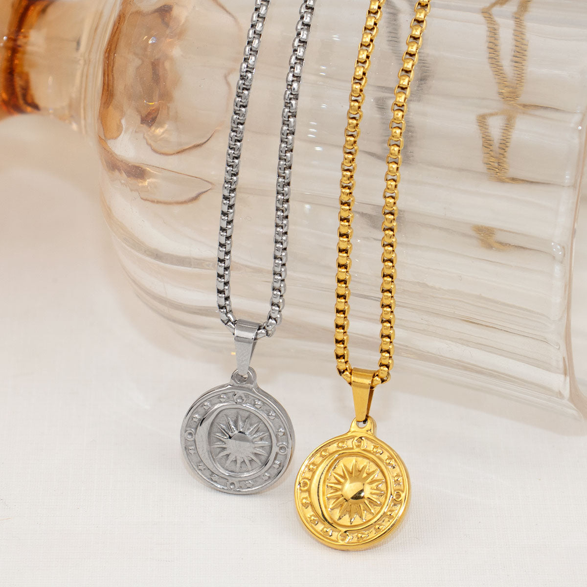 Minos Women Waterproof Vintage Sun Pendant Round Coin Shape Necklace Stainless Steel Jewelry Designer Brand