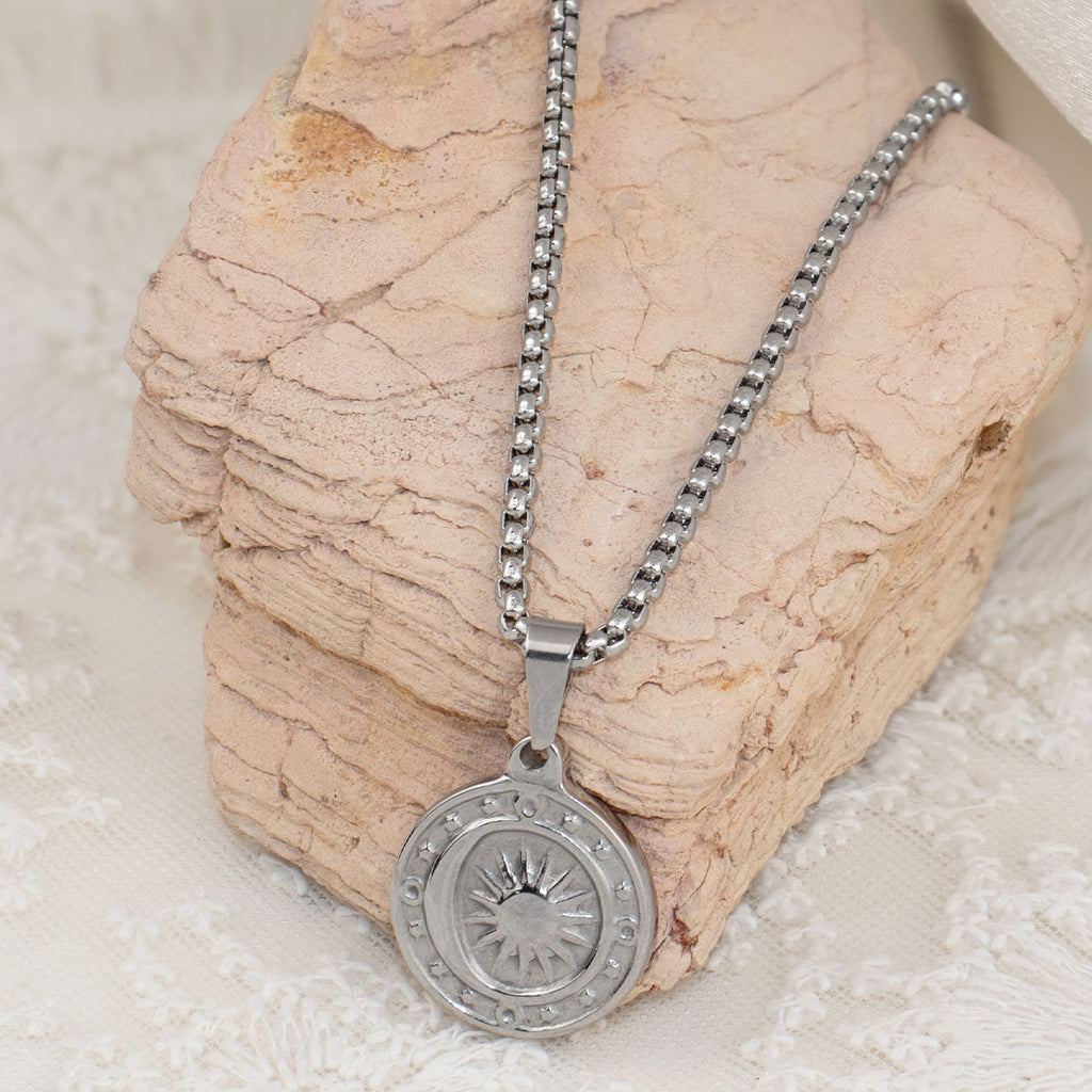 Minos Women Waterproof Vintage Sun Pendant Round Coin Shape Necklace Stainless Steel Jewelry Designer Brand