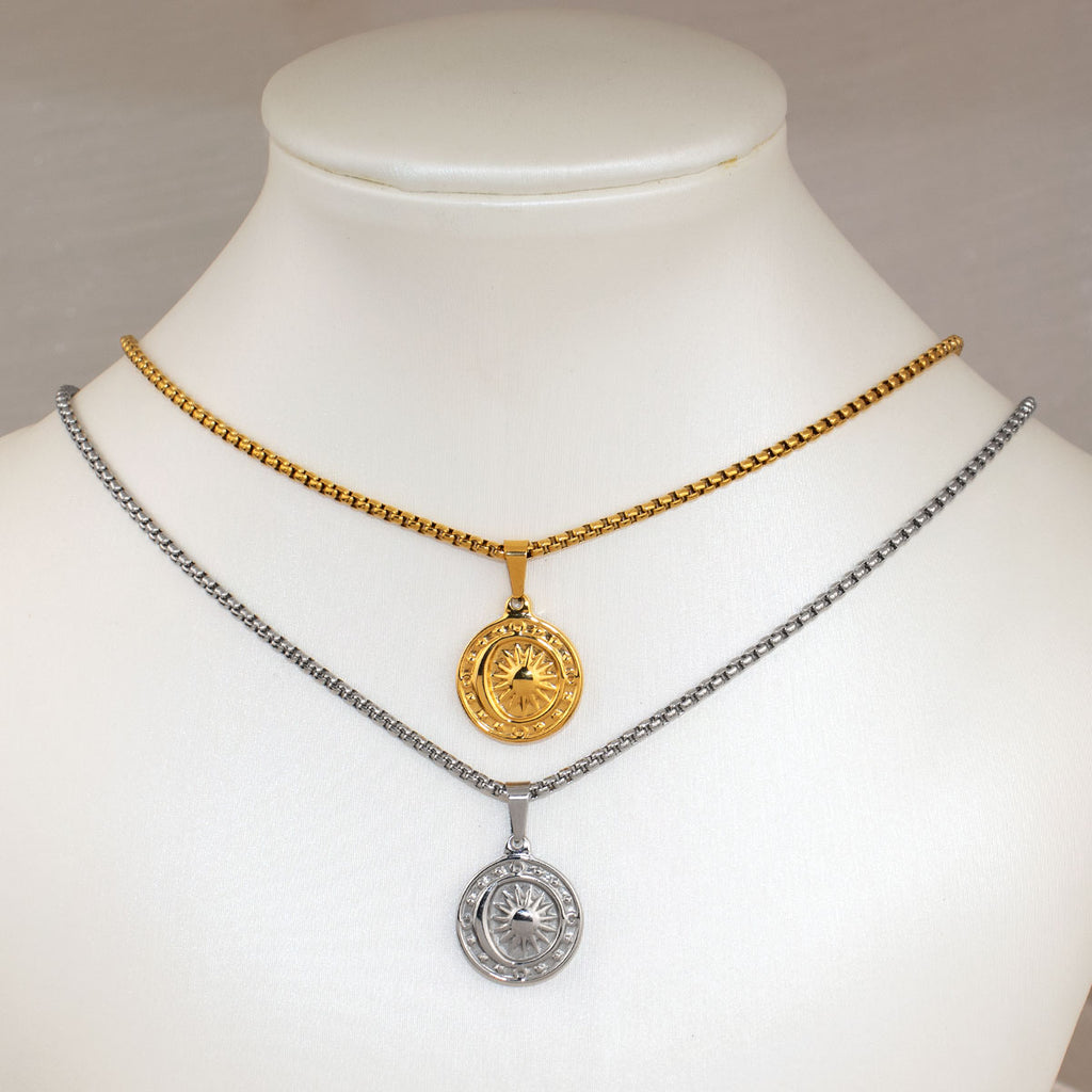 Minos Women Waterproof Vintage Sun Pendant Round Coin Shape Necklace Stainless Steel Jewelry Designer Brand