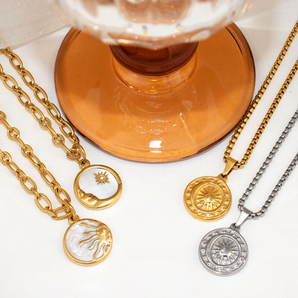 Minos Women Waterproof Vintage Sun Pendant Round Coin Shape Necklace Stainless Steel Jewelry Designer Brand