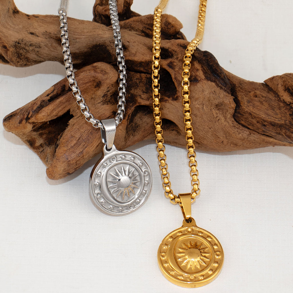 Minos Women Waterproof Vintage Sun Pendant Round Coin Shape Necklace Stainless Steel Jewelry Designer Brand
