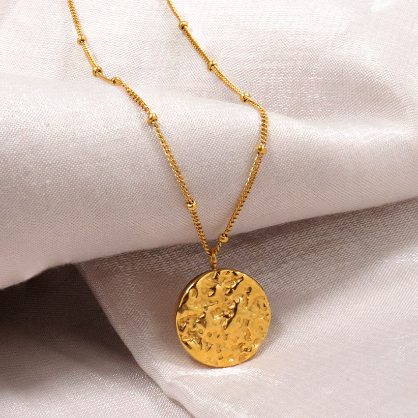 Minimalist Stainless Steel Jewelry Designer Brand Hammered Circle Pendant Necklace Dainty Chain