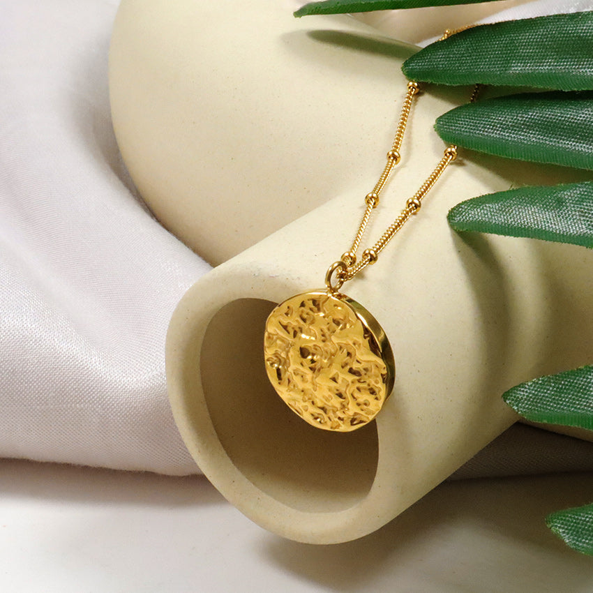 Minimalist Stainless Steel Jewelry Designer Brand Hammered Circle Pendant Necklace Dainty Chain