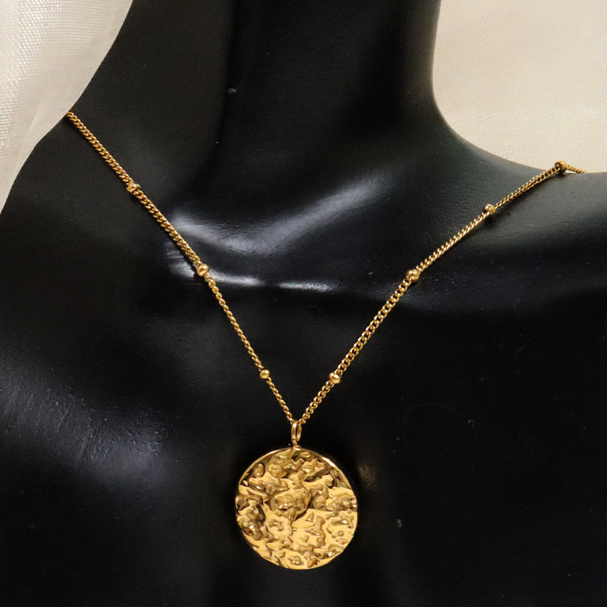 Minimalist Stainless Steel Jewelry Designer Brand Hammered Circle Pendant Necklace Dainty Chain