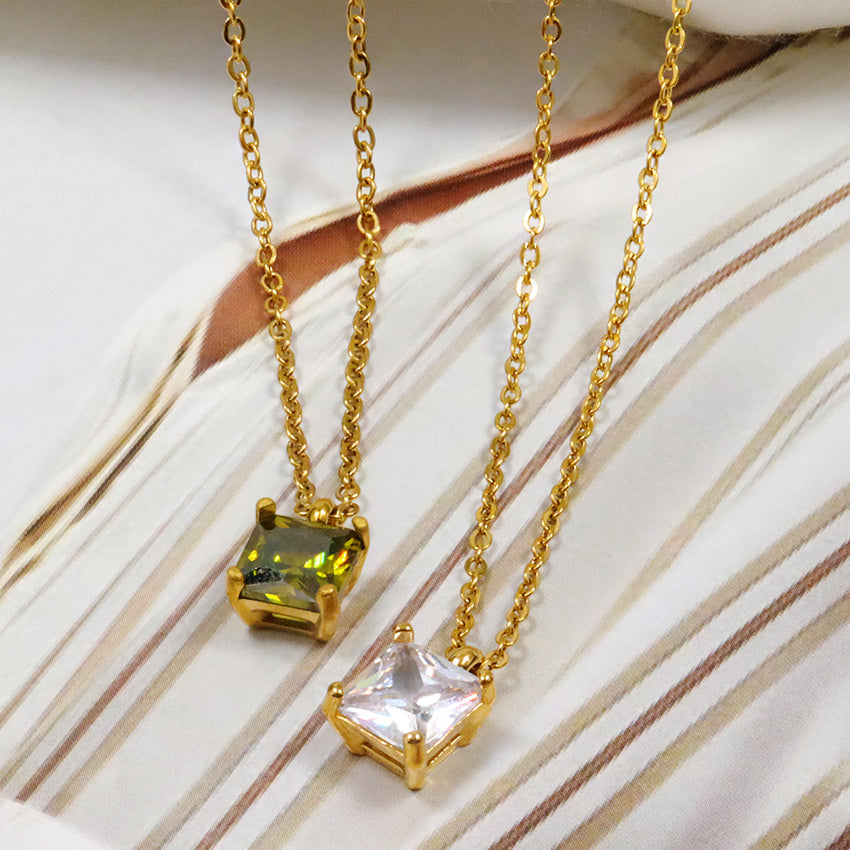 Gold Layered Necklace, Square Cubic Zirconia Pendant, Clear & Green Two-Tone, Dainty Jewelry for Women