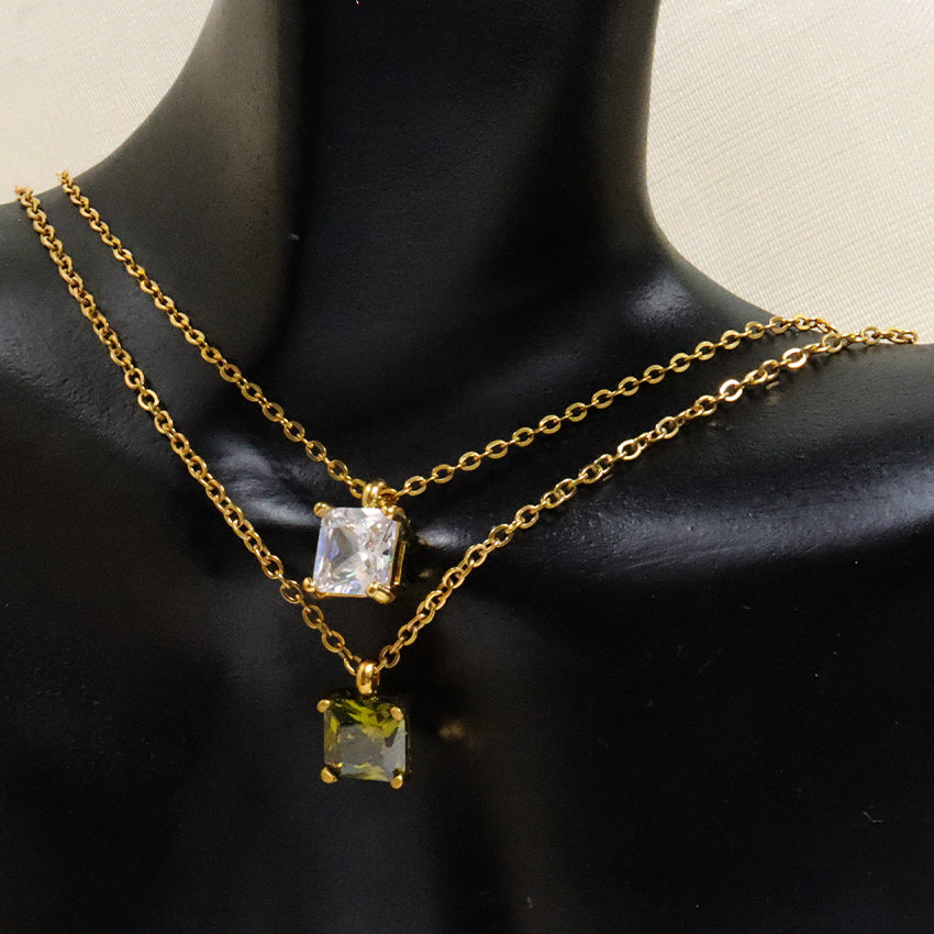 Gold Layered Necklace, Square Cubic Zirconia Pendant, Clear & Green Two-Tone, Dainty Jewelry for Women