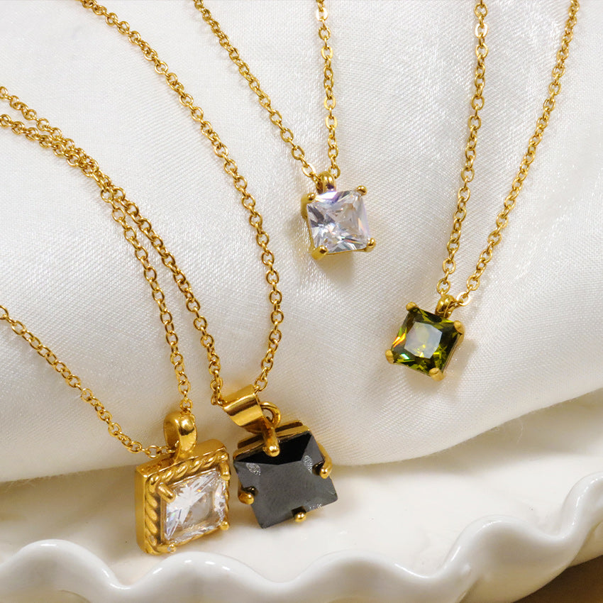 Gold Layered Necklace, Square Cubic Zirconia Pendant, Clear & Green Two-Tone, Dainty Jewelry for Women