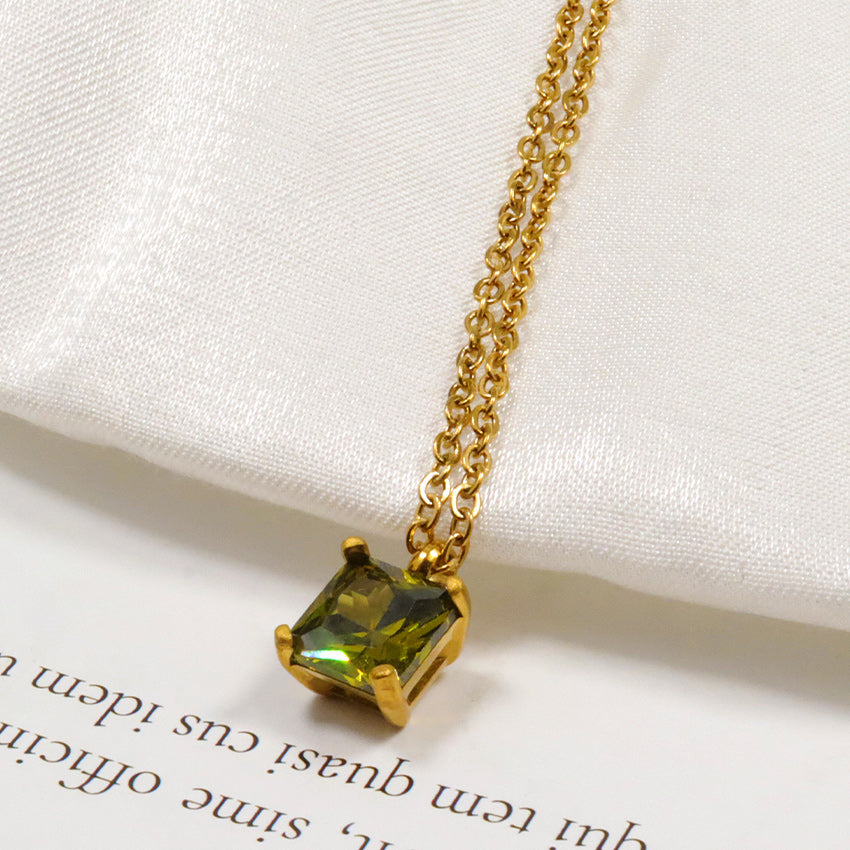 Gold Layered Necklace, Square Cubic Zirconia Pendant, Clear & Green Two-Tone, Dainty Jewelry for Women