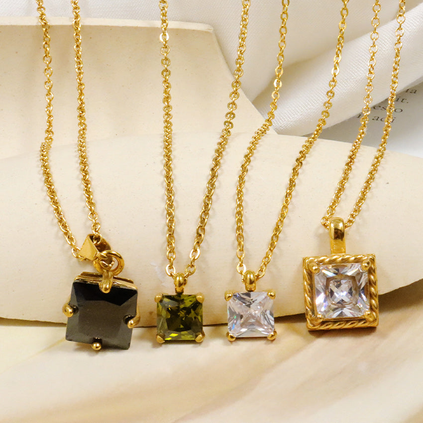 Gold Layered Necklace, Square Cubic Zirconia Pendant, Clear & Green Two-Tone, Dainty Jewelry for Women