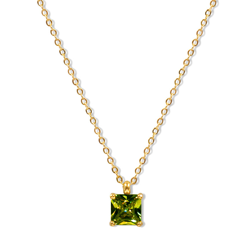 Gold Layered Necklace, Square Cubic Zirconia Pendant, Clear & Green Two-Tone, Dainty Jewelry for Women
