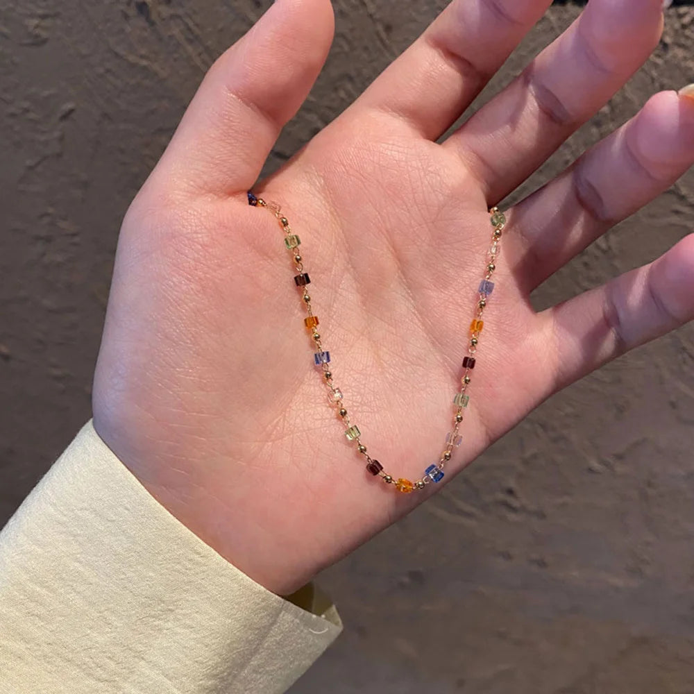 Simple Colorful Square Acrylic Choker Fashion Gold Color Bead Chain Necklace Vintage Crystal Necklace For Women  Party Jewelry