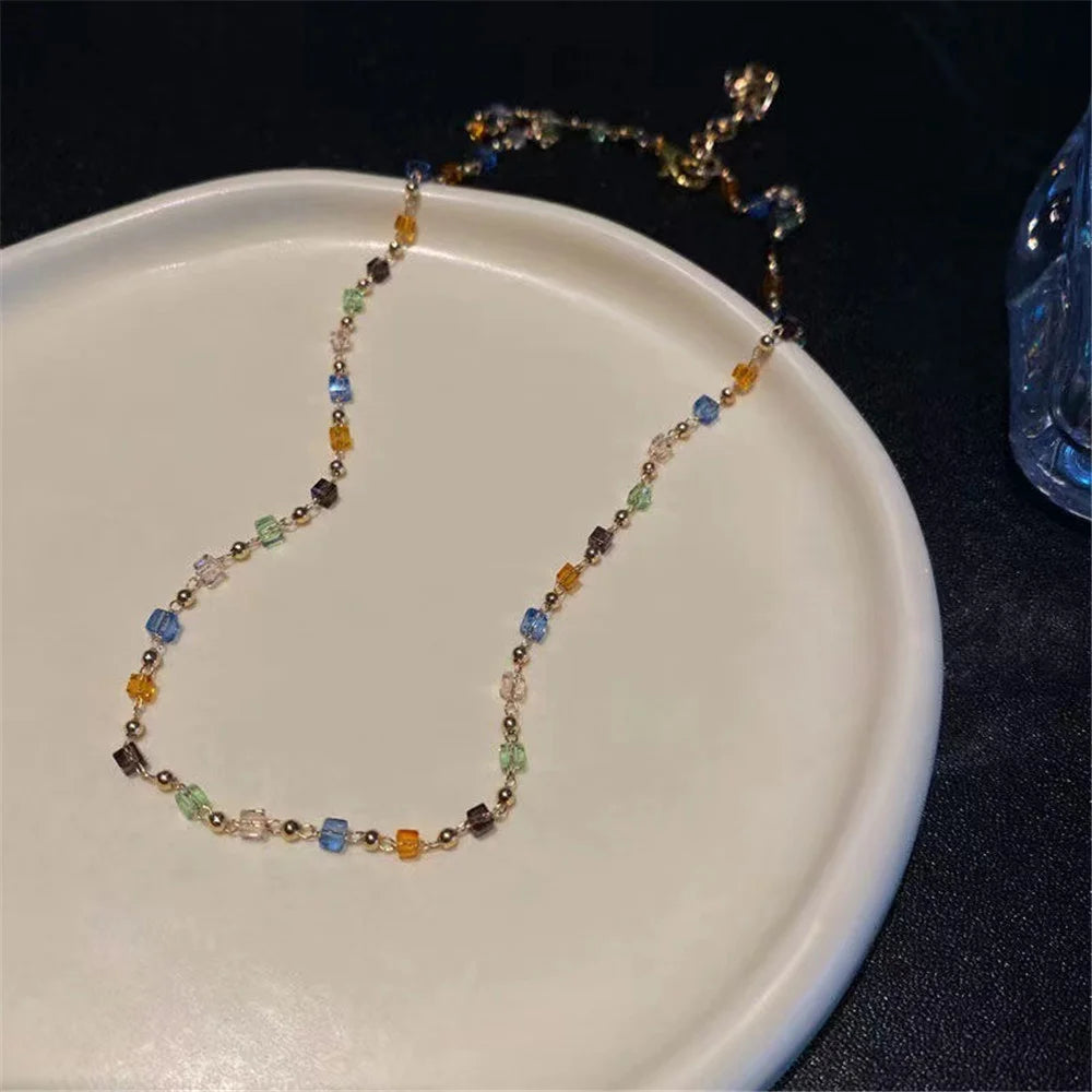 Simple Colorful Square Acrylic Choker Fashion Gold Color Bead Chain Necklace Vintage Crystal Necklace For Women  Party Jewelry