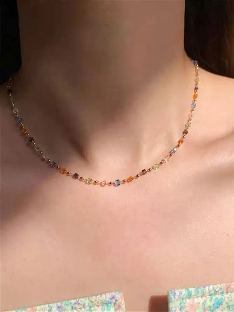Simple Colorful Square Acrylic Choker Fashion Gold Color Bead Chain Necklace Vintage Crystal Necklace For Women  Party Jewelry