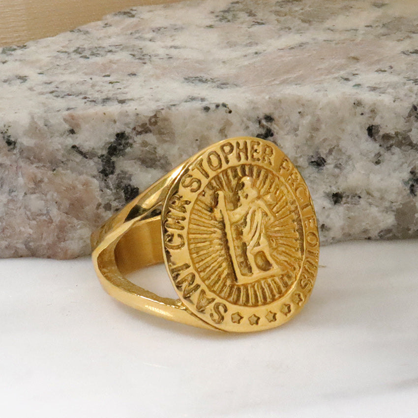 Stainless Steel St. Christopher Protect Us Signet Ring Gold Tone Religious Protection Jewelry