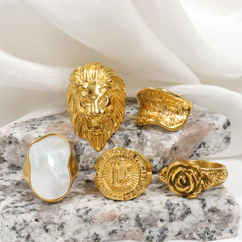 Stainless Steel St. Christopher Protect Us Signet Ring Gold Tone Religious Protection Jewelry