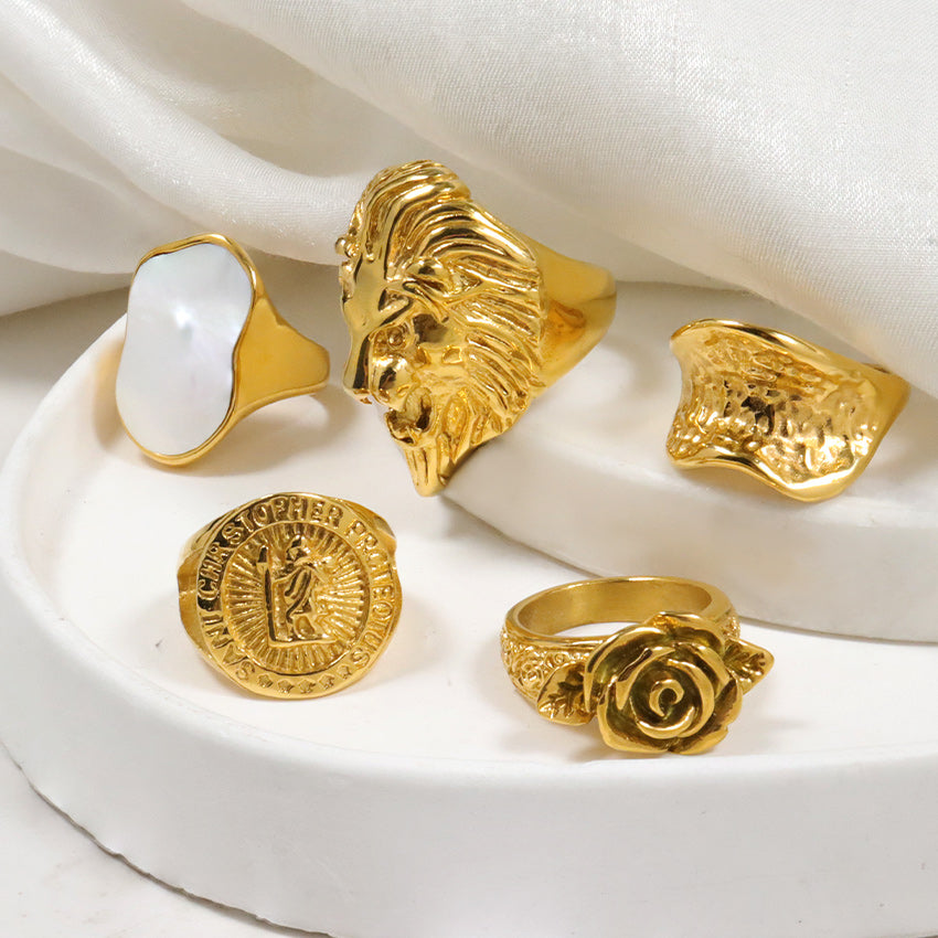 Stainless Steel St. Christopher Protect Us Signet Ring Gold Tone Religious Protection Jewelry