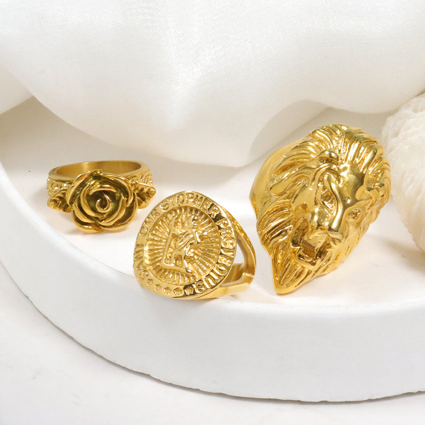 Stainless Steel St. Christopher Protect Us Signet Ring Gold Tone Religious Protection Jewelry