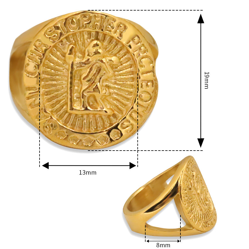 Stainless Steel St. Christopher Protect Us Signet Ring Gold Tone Religious Protection Jewelry