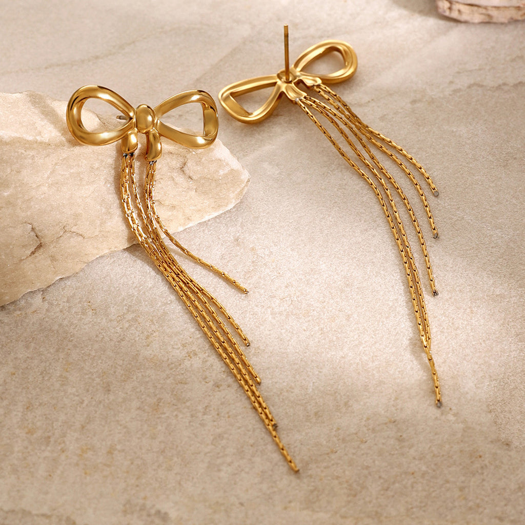 Elegant New Trendy Bow Earrings 18k Gold Plated Earrings Hypoallergenic Tassel Long Chain Fashion Stud Earrings