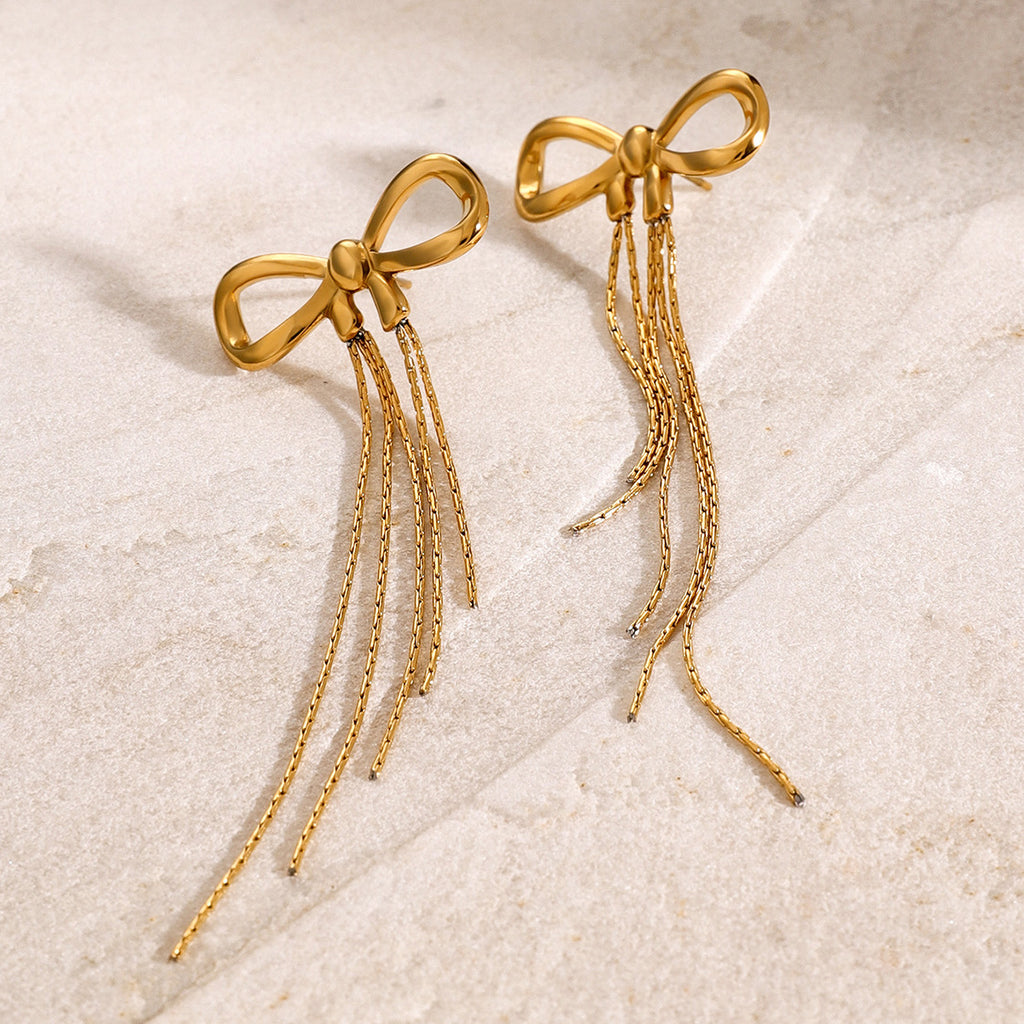 Elegant New Trendy Bow Earrings 18k Gold Plated Earrings Hypoallergenic Tassel Long Chain Fashion Stud Earrings