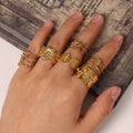 Summer Colorful Gemstone Ring 18k Gold Plated Stainless Steel Non Tarnish Waterproof Zircon Open Flower Ring for Women