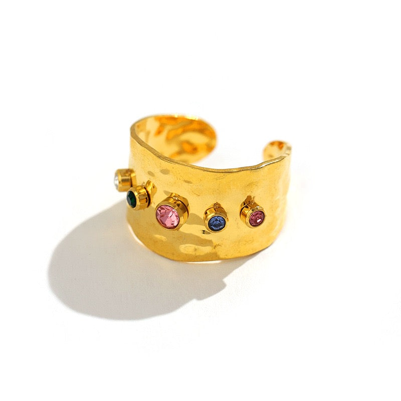 Summer Colorful Gemstone Ring 18k Gold Plated Stainless Steel Non Tarnish Waterproof Zircon Open Flower Ring for Women