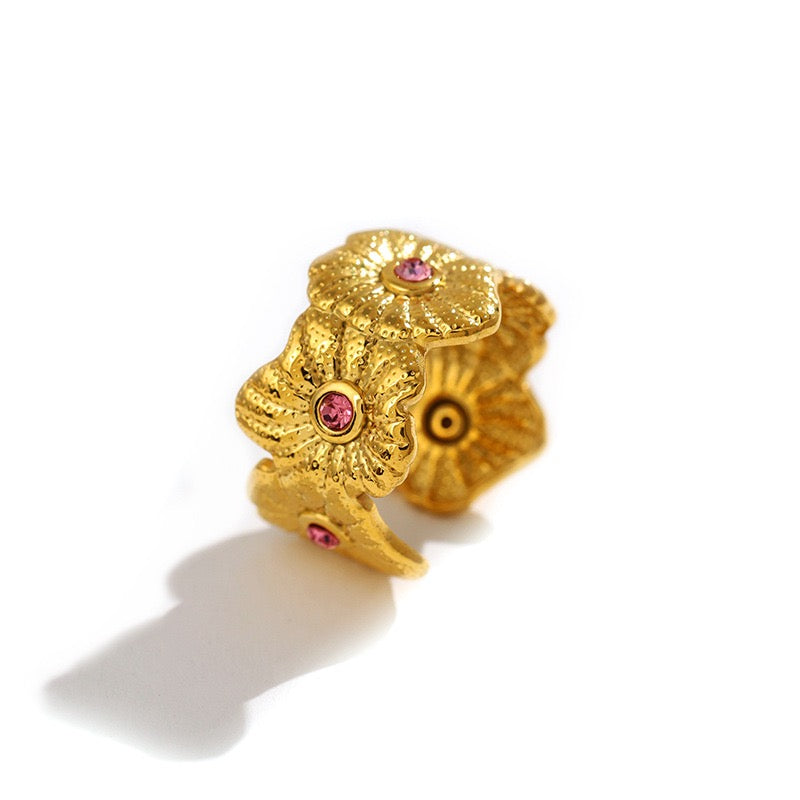 Summer Colorful Gemstone Ring 18k Gold Plated Stainless Steel Non Tarnish Waterproof Zircon Open Flower Ring for Women