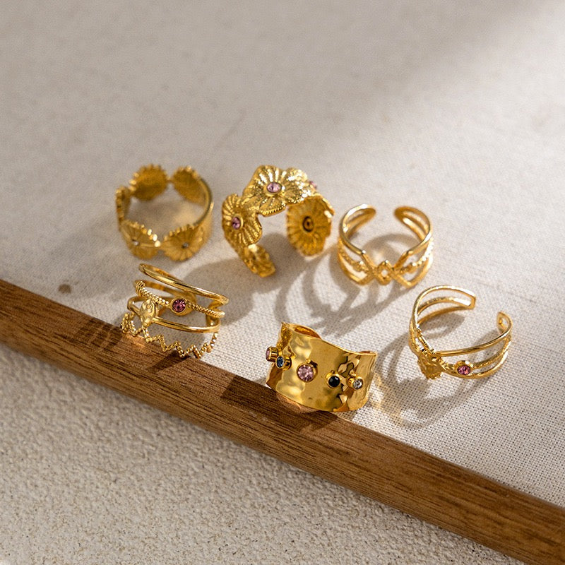 Summer Colorful Gemstone Ring 18k Gold Plated Stainless Steel Non Tarnish Waterproof Zircon Open Flower Ring for Women