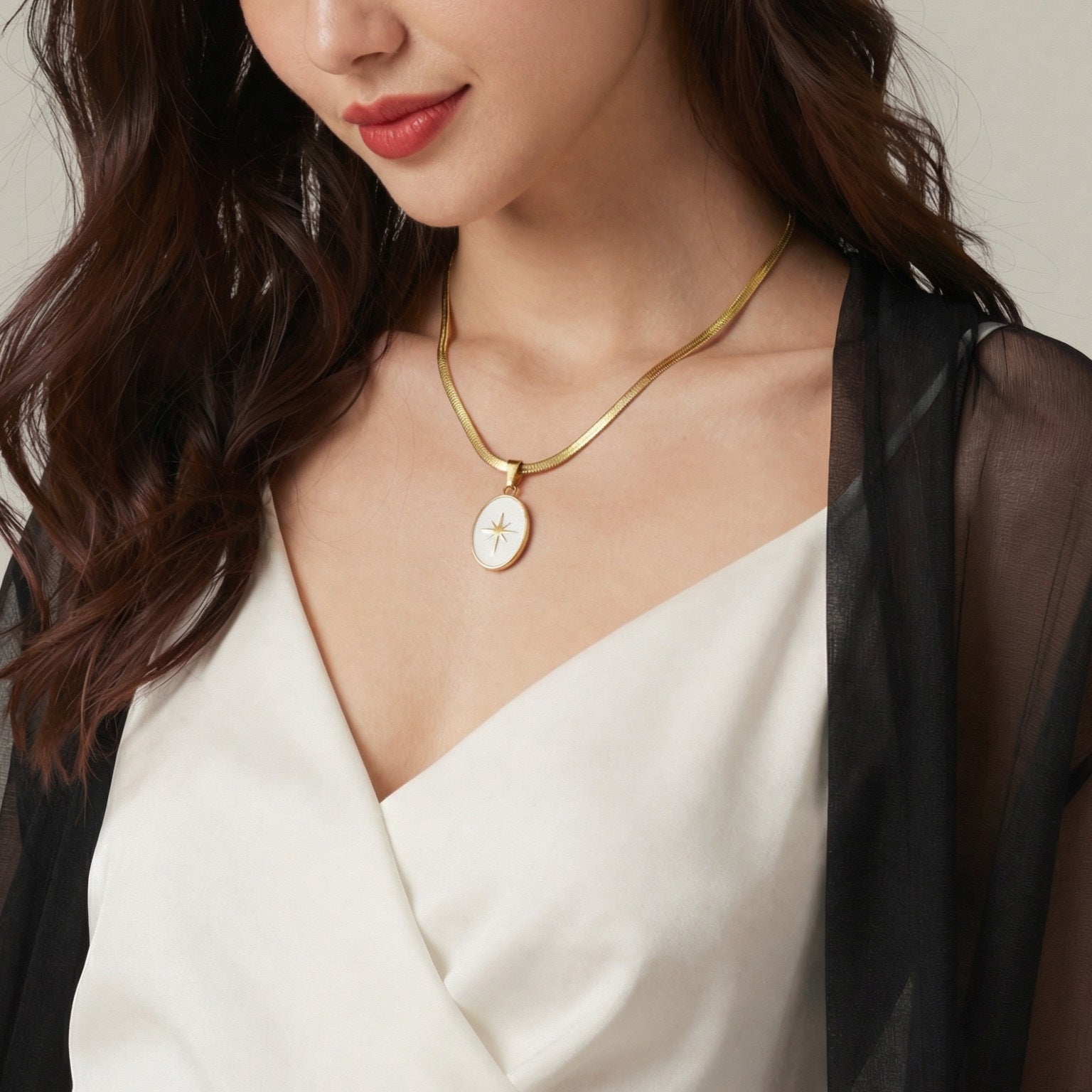 18K True Gold Plated Stainless Steel Trendy Oval Pendant Necklace with Flat Snake Thick Chain Anniversary Gift