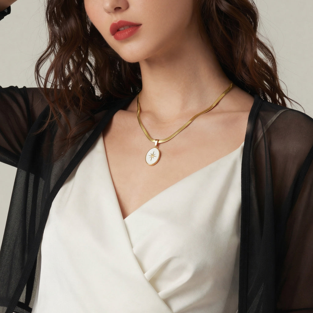 18K True Gold Plated Stainless Steel Trendy Oval Pendant Necklace with Flat Snake Thick Chain Anniversary Gift