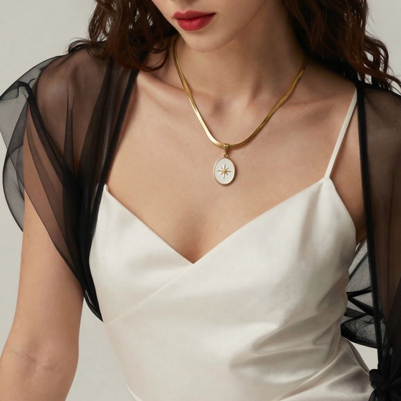 18K True Gold Plated Stainless Steel Trendy Oval Pendant Necklace with Flat Snake Thick Chain Anniversary Gift