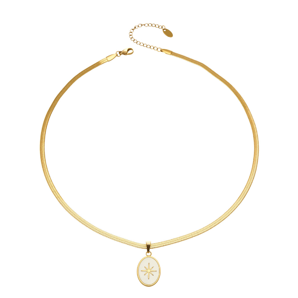 18K True Gold Plated Stainless Steel Trendy Oval Pendant Necklace with Flat Snake Thick Chain Anniversary Gift