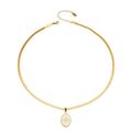 18K True Gold Plated Stainless Steel Trendy Oval Pendant Necklace with Flat Snake Thick Chain Anniversary Gift